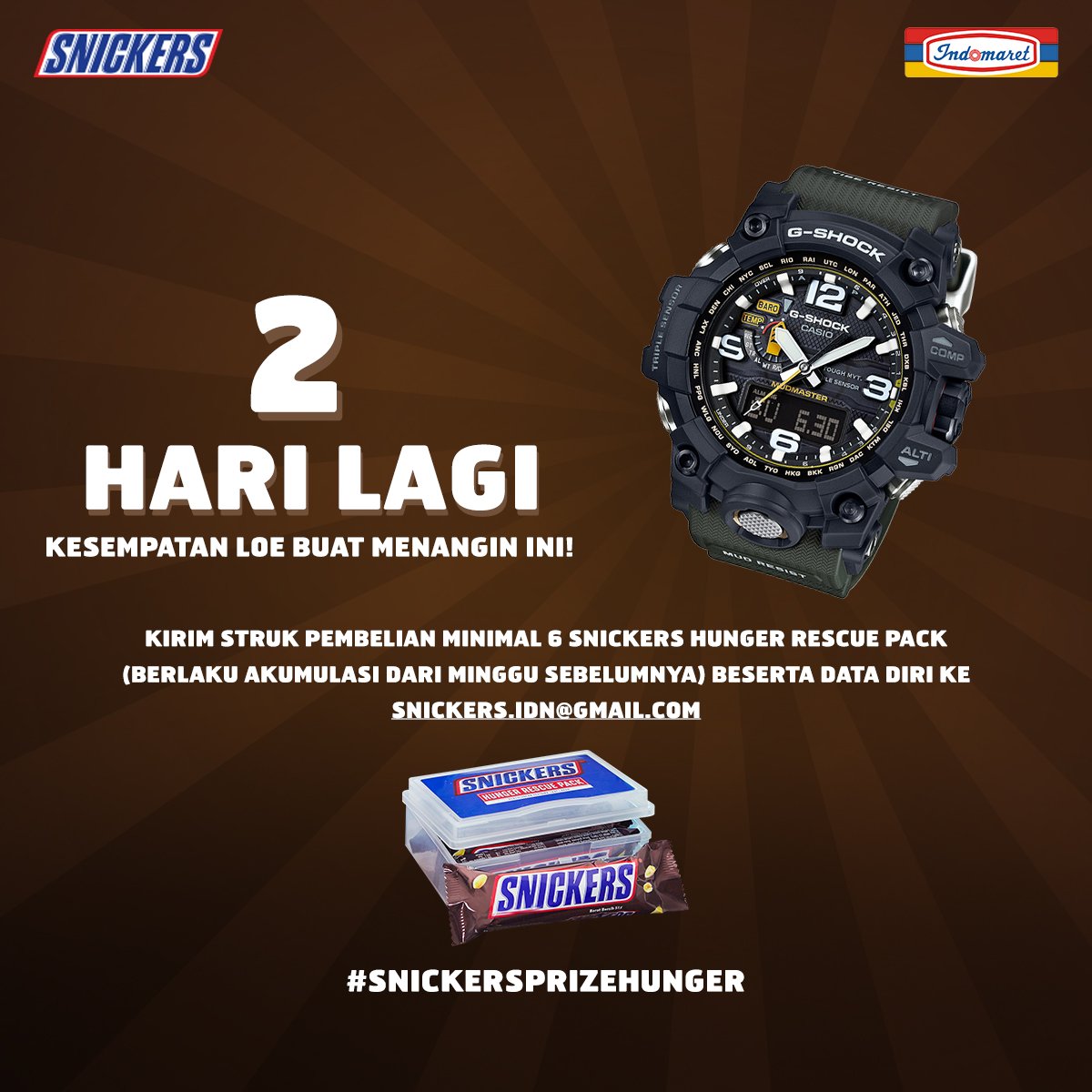 Waktu lo tinggal 2 HARI lagi buat kirim struk pembelian Snickers Hunger Rescue! Buruan kirim &amp; dapetin hadiah kerennya! #SnickersPrizeHunger