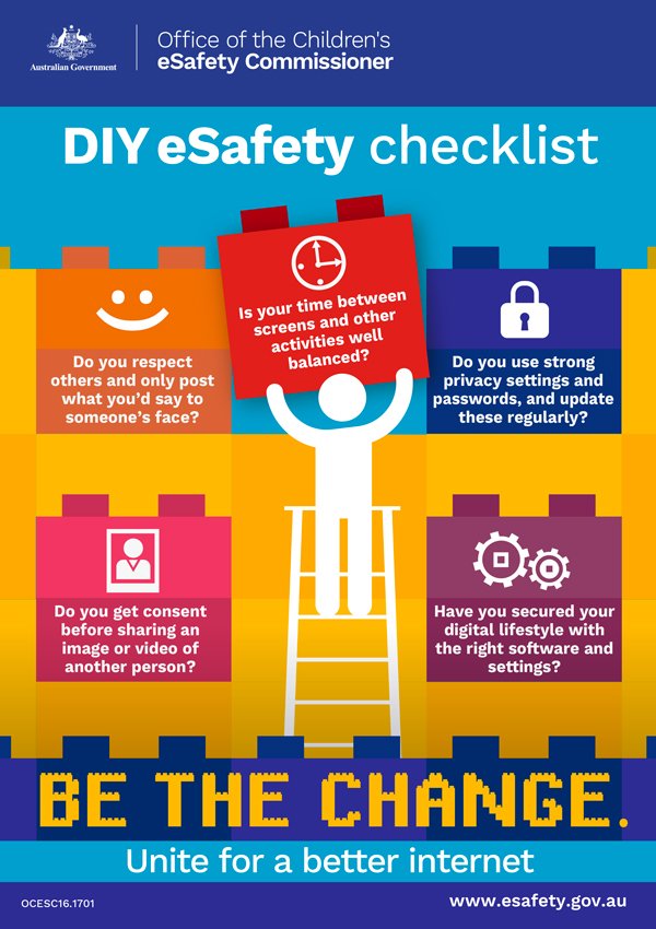 eSafetyOffice's tweet image. Don't forget to download our #SID2017 DIY eSafety check infographic in time to support Safer Internet Day on 7 Feb! esafety.gov.au/SID2017