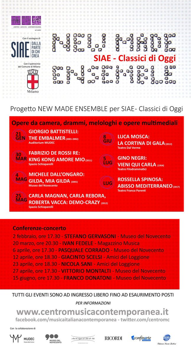 centromc's tweet photo. NEW MADE ENSEMBLE PER SIAE - CLASSICI DI OGGI Opere da camera, drammi, melologhi, multimediali e incontri-concerto #SiaeClassicidiOggi https://t.co/WtNsLv46An
