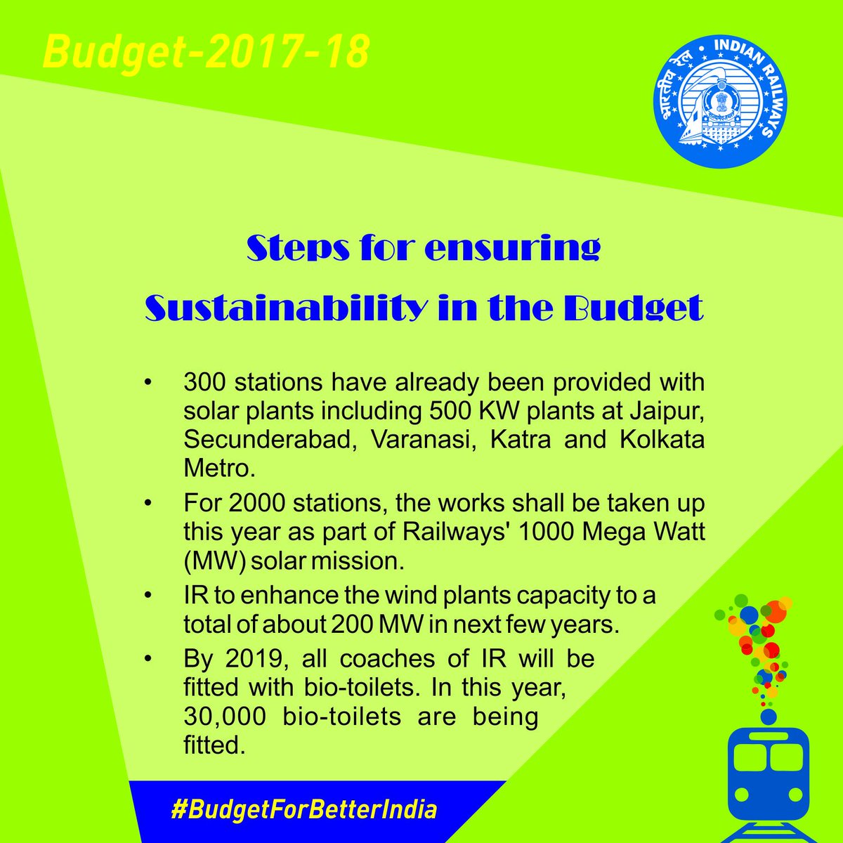 RailMinIndia's tweet photo. Steps for ensuring Sustainability in the Budget #Budget2017 #BudgetForBetterIndia https://t.co/rCT0jbG9Rl