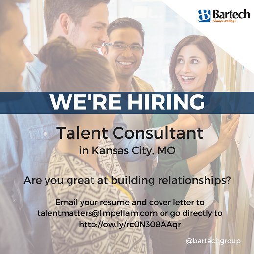 BartechGroup's tweet photo. Apply Online at https://t.co/n7Ekh3kau5 #Hiring #TalentConsultant #BartechGroup #MSP #VMS #Jobs #ImpellamNA #KansasCityMO #Staffing #Friday https://t.co/V7u0pjaul8