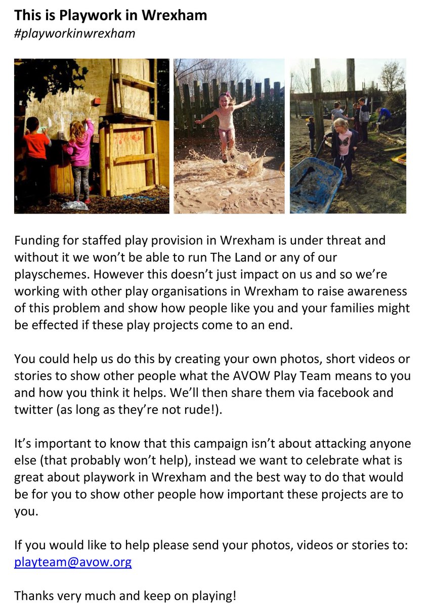 AvowWrexham's tweet photo. Funding for staffed play provision is under threat and without it The Land won't b able to run. Send your media to playteam@avow.org to help https://t.co/3mCKtlRnhd