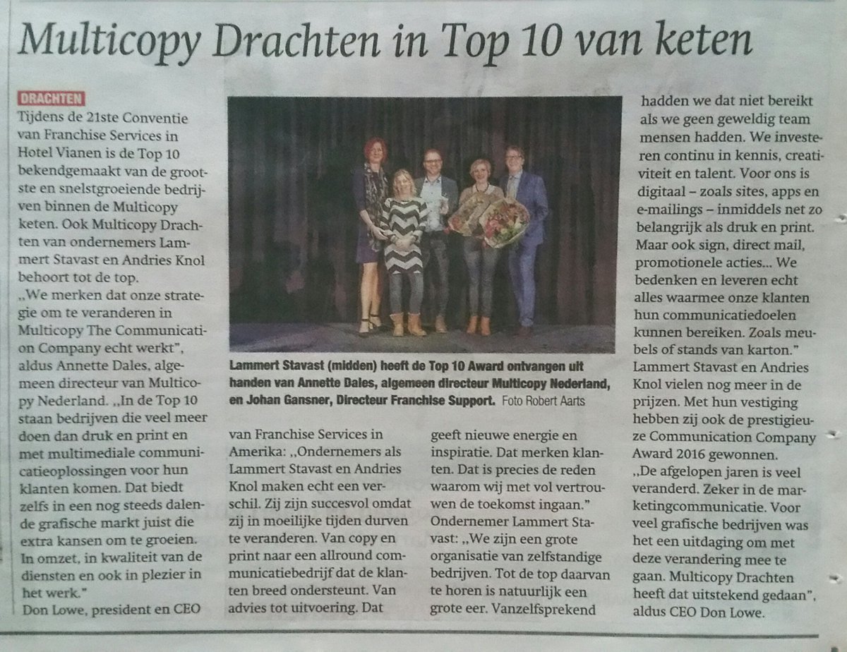 Ook ons lid <a href="/MultiCopyDr88/">MultiCopy Drachten</a> staat deze week in de <a href="/DrachtsterCrt/">Drachtster Courant</a> En hoe! Van harte met deze TOPprestatie <a href="/LammertKStavast/">Lammert K. Stavast</a> en team! 👏