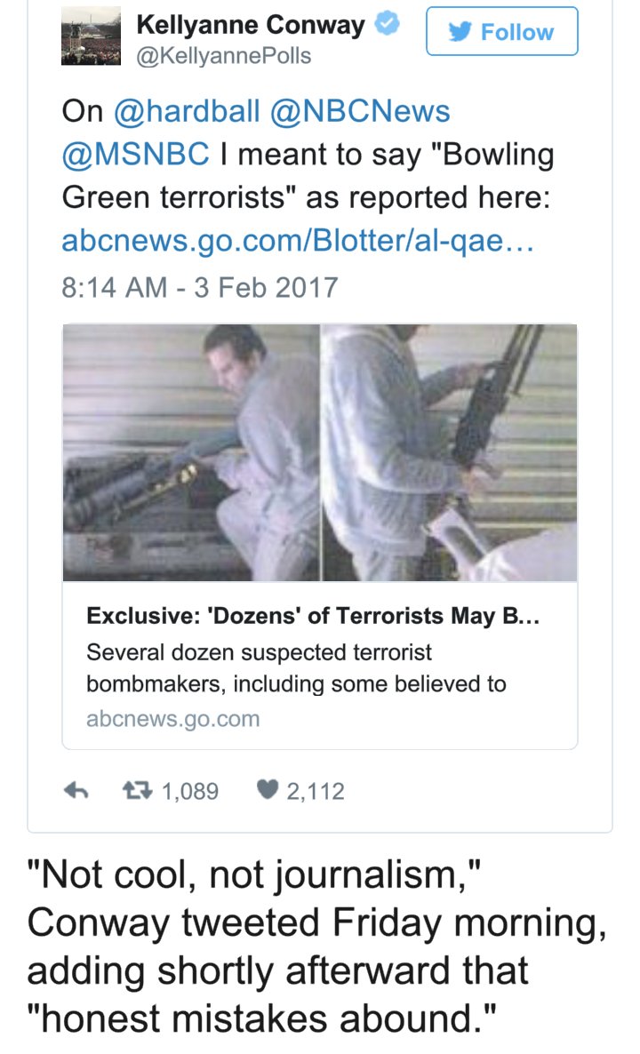 1Cool's tweet image. Kellyanne no longer has tosses out #AlternativeFacts 

Now she has #HonestMistakes

Oh Kellyanne ! 

.