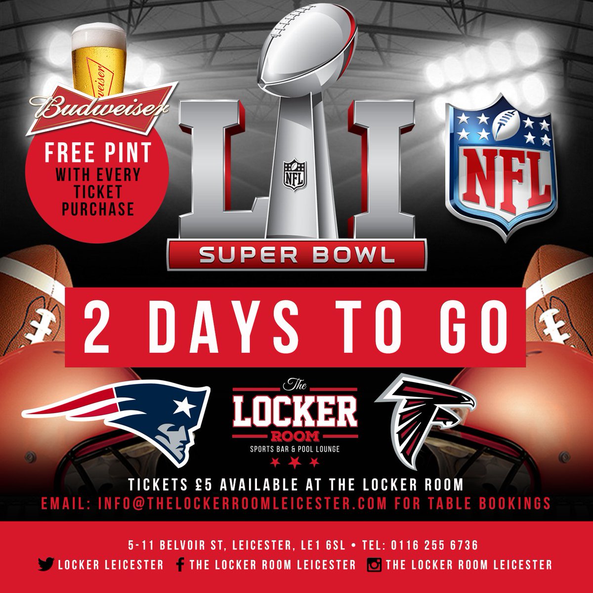 Have you got your tickets yet?? #SuperBowl #leicester #sportsbar