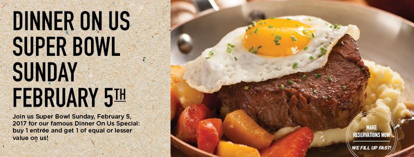 Buy one entrée and get the second one free exclusively on #Superbowl Sunday, February 5th! #dinneronus #saltysow