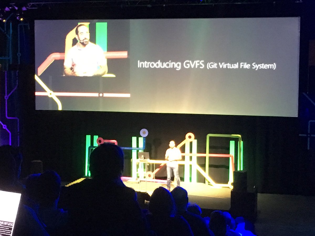 ethomson's tweet image. Whoa.  @VSTeam announces support for _truly enormous_ git repos - like the Windows tree - with GVFS at #GitMerge.  aka.ms/gvfs