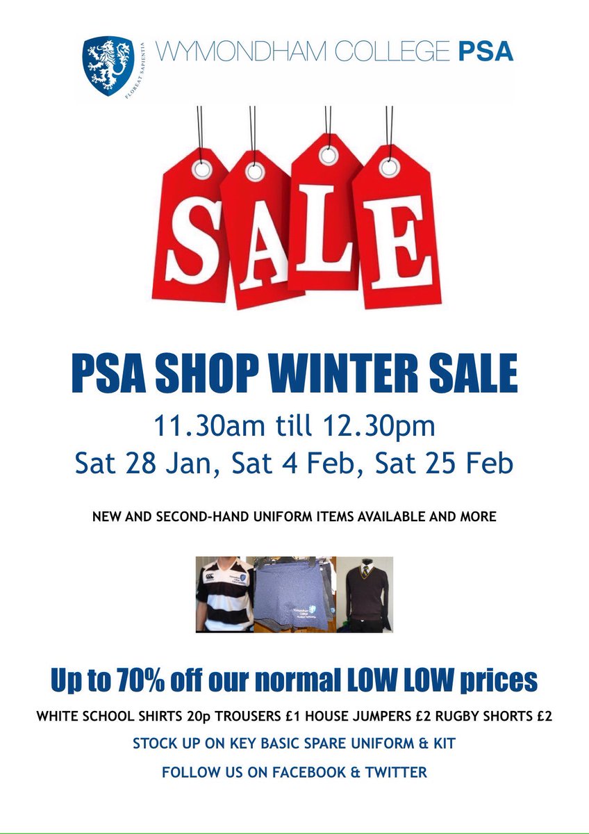 WymondhamColPSA's tweet photo. PSA Shop WINTER SALE DAY 2 Tomorrow. Sat 4 Feb 11.30am-12.30pm up to 70% off don't delay grab a bargain! https://t.co/93Tw6oYZEI