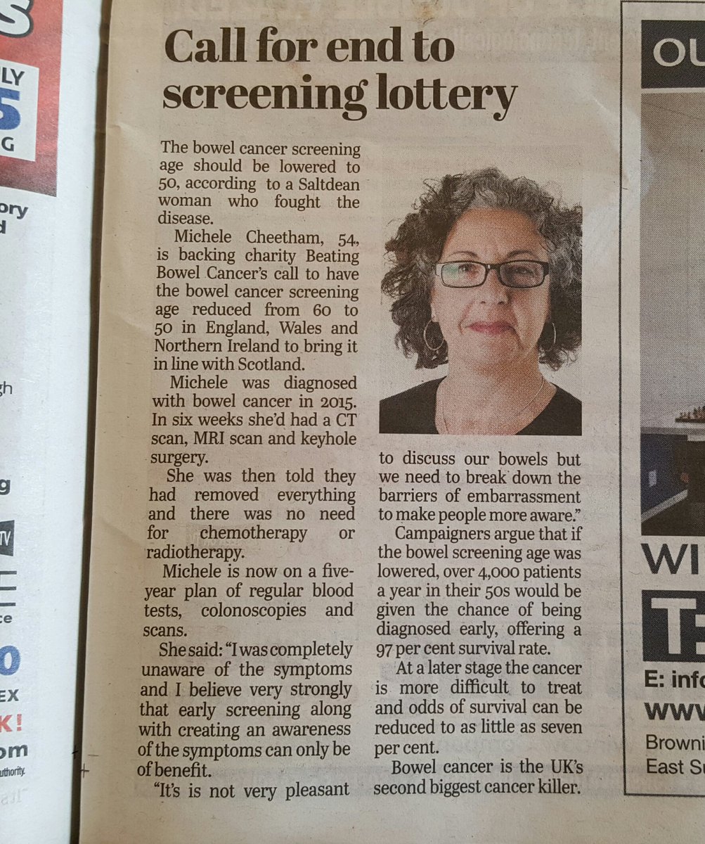 rooners19's tweet photo. @bowelbabe good to see a push for lowering the age of bowel screening in my local Sussex paper! 👍 https://t.co/RVmtGX4jCr
