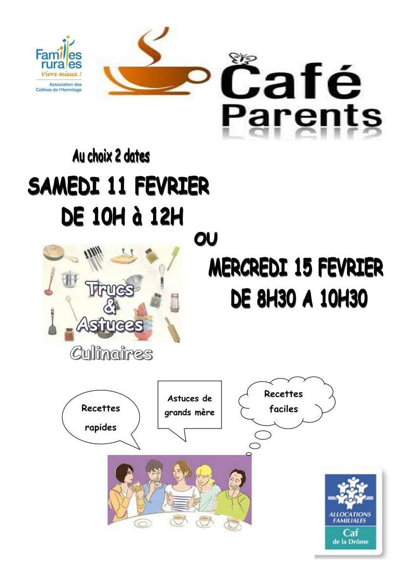 FamillesR26's tweet photo. Café Parents 
Associations des collines de l'Hermitage 
Samedi 11 Février 2017 de 10h00 à 12H00 ou Mercredi 15 Février de 08H30 à 11H30 😀😀 https://t.co/ZltgCYfmyG