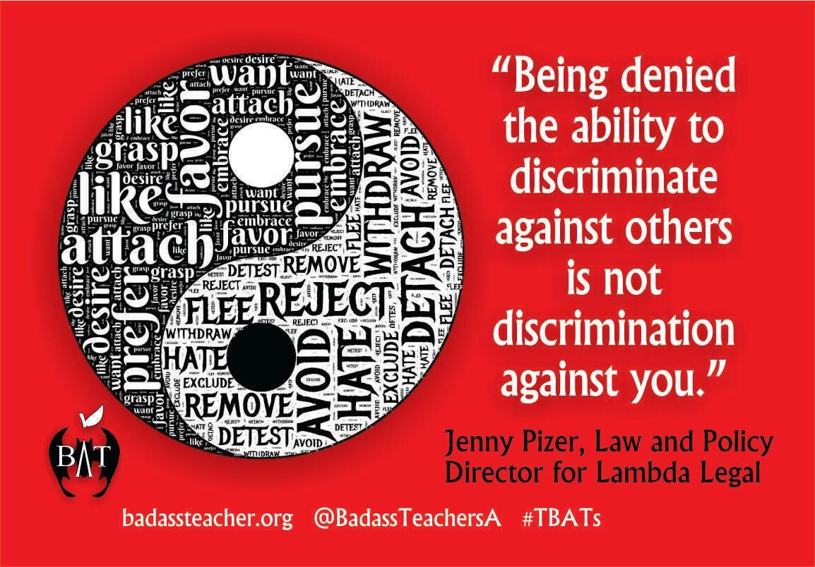 StevenSinger3's tweet photo. Being denied the ability to discriminate against others is not discrimination against you.
@BadassTeachersA #TBATs #edchat #schooltrump https://t.co/sDcNsN254M