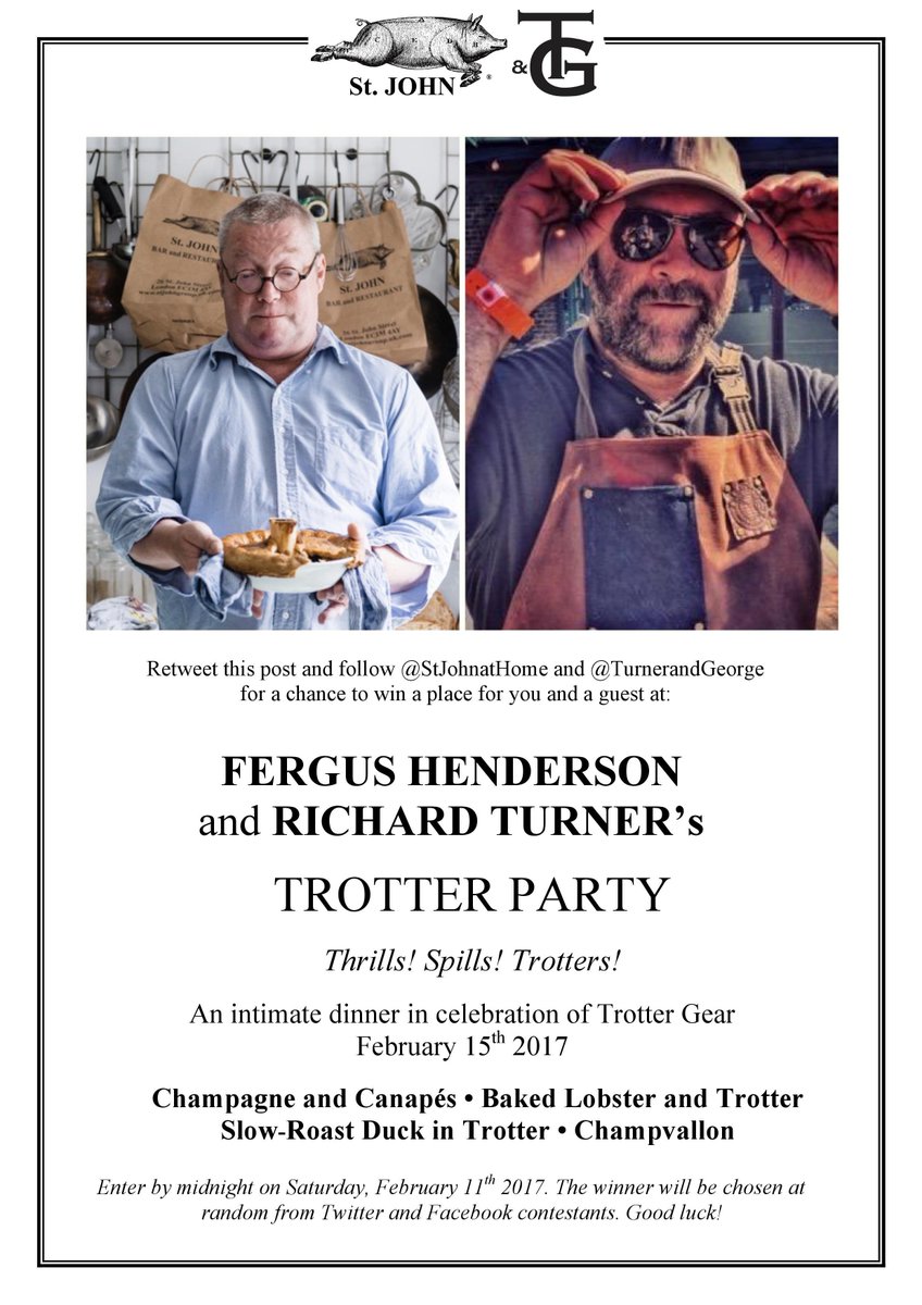 TurnerandGeorge's tweet photo. COMPETITION TIME! We've got two spaces at @StJohnatHome's #Trottergear dinner to give away. Entry closes 12am 15th Feb. https://t.co/UFRB92dbr0