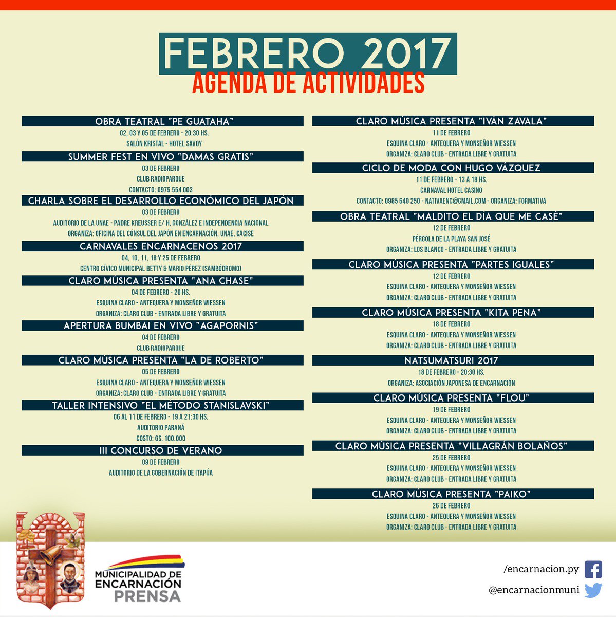 RFerreiro3's tweet photo. Como siempre en Encarnación estamos con la agenda llena! Calendario de actividades de la Ciudad en el mes de febrero. https://t.co/2j1UQ8RMzi