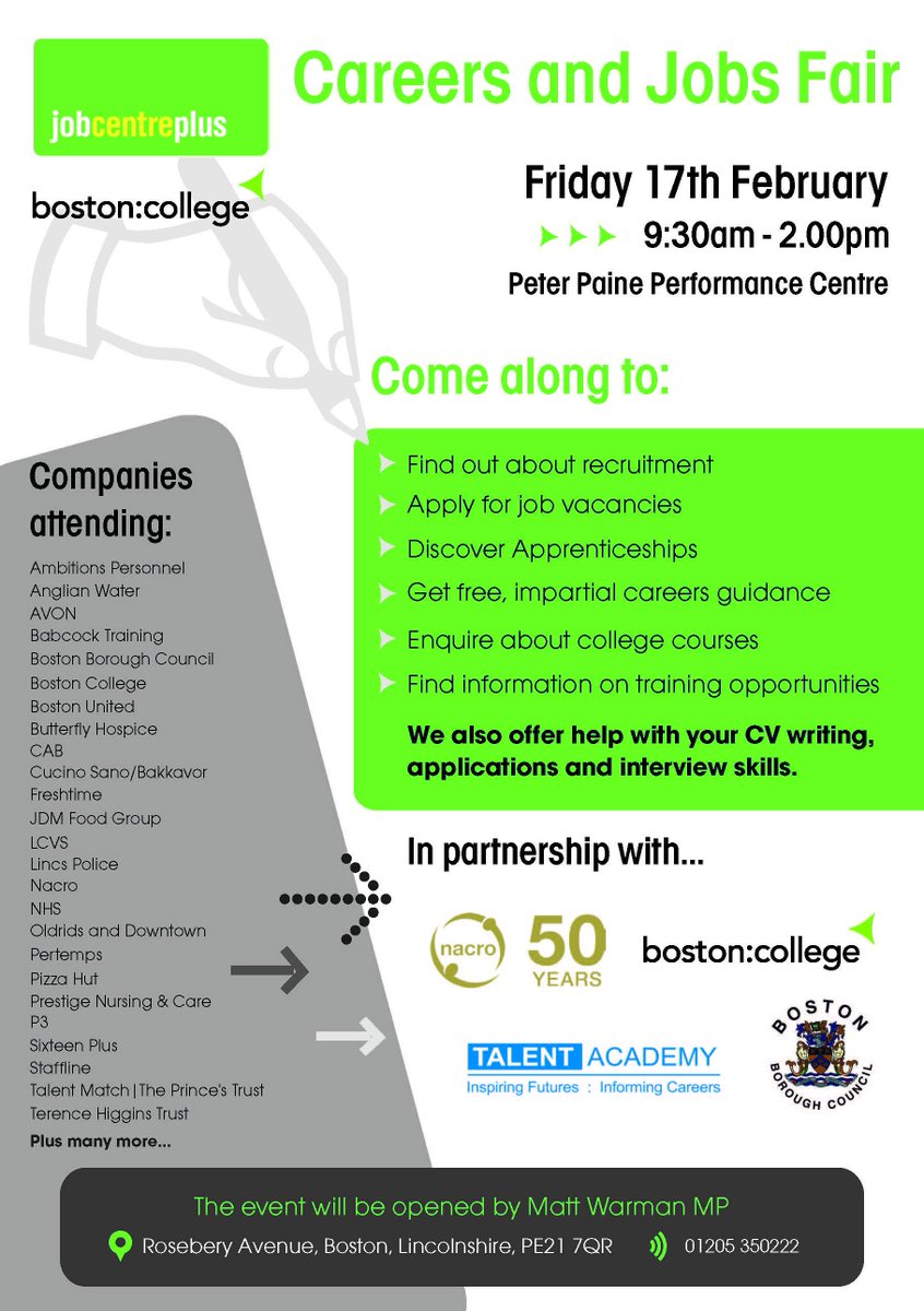 Bostonboro's tweet photo. Careers and Jobs Fair at Peter Paine Performance Centre on Friday, February 17, 9.30am to 2pm #jobcentreplus @BostonJCP https://t.co/Fd7ov08fnc