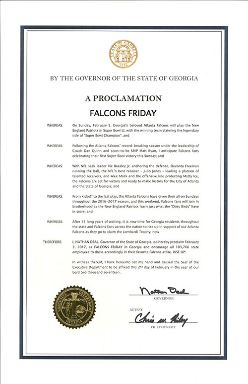 gdecd's tweet photo. It's official! @GovernorDeal announces today is Falcons Friday! Don't forget to wear your Falcons gear today! #RiseUp #SuperBowl https://t.co/9J6bJQeCn8