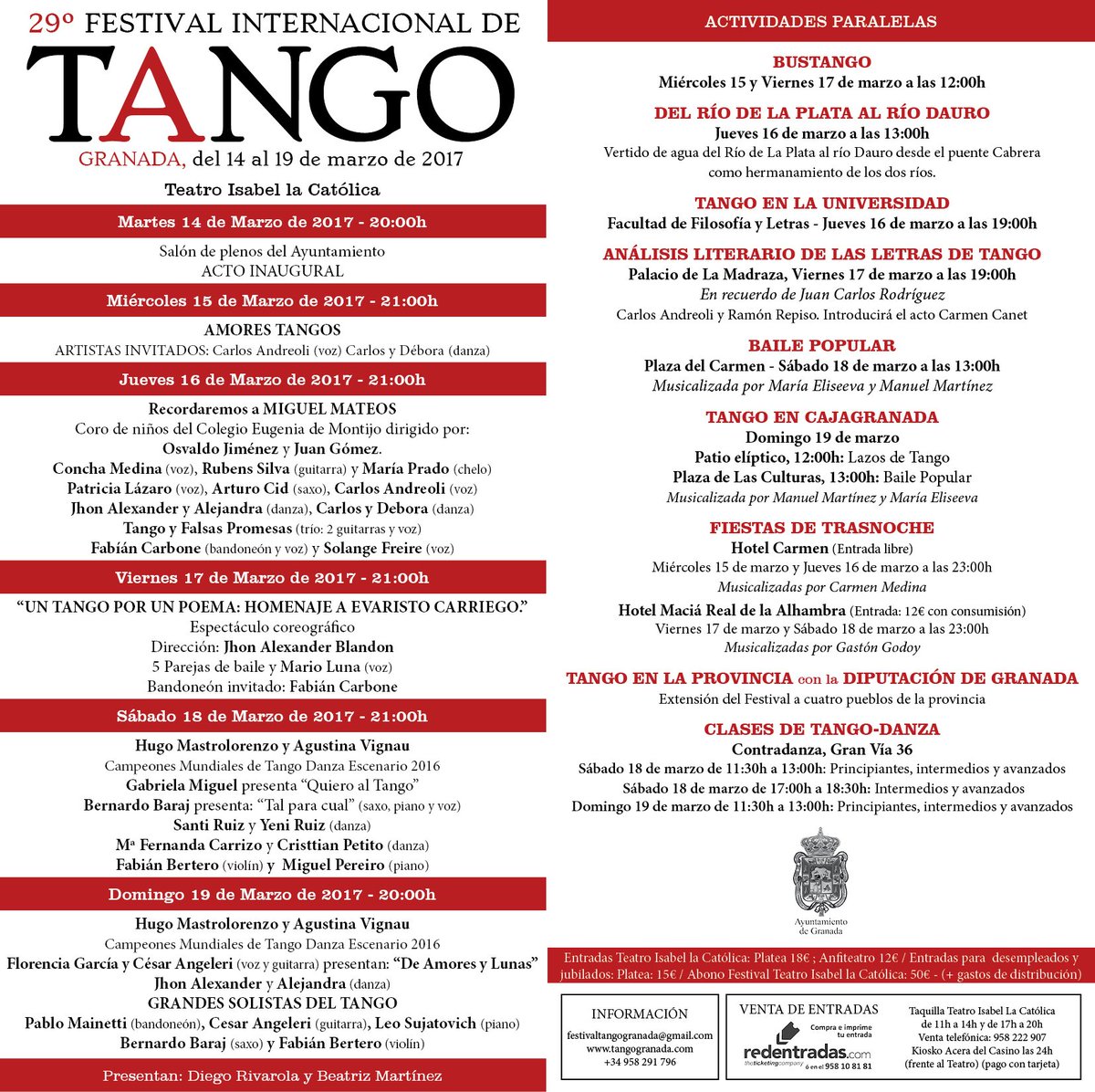 Programación completa del 29ª Festival Internacional de Tango de Granada que se llevará a cabo del 14 al 19 de Marzo de 2017