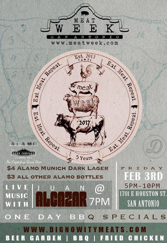AlamoBeerCo's tweet photo. Join us tonight (2/3), 5-10pm @dignowitymeats as @meatweeksatx invades @dignowityhill. They'll have live music, #AlamoBeer &amp; BBQ specials! https://t.co/YmRUARDMcG