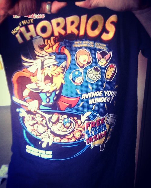 Geekzonia's tweet photo. #Day18 of Steve's geeky Tees! Who doesn't love a big bowl of Thorrios? #Thor #StevesT #tshirtoftheday #officewear https://t.co/f8SZO6eEib