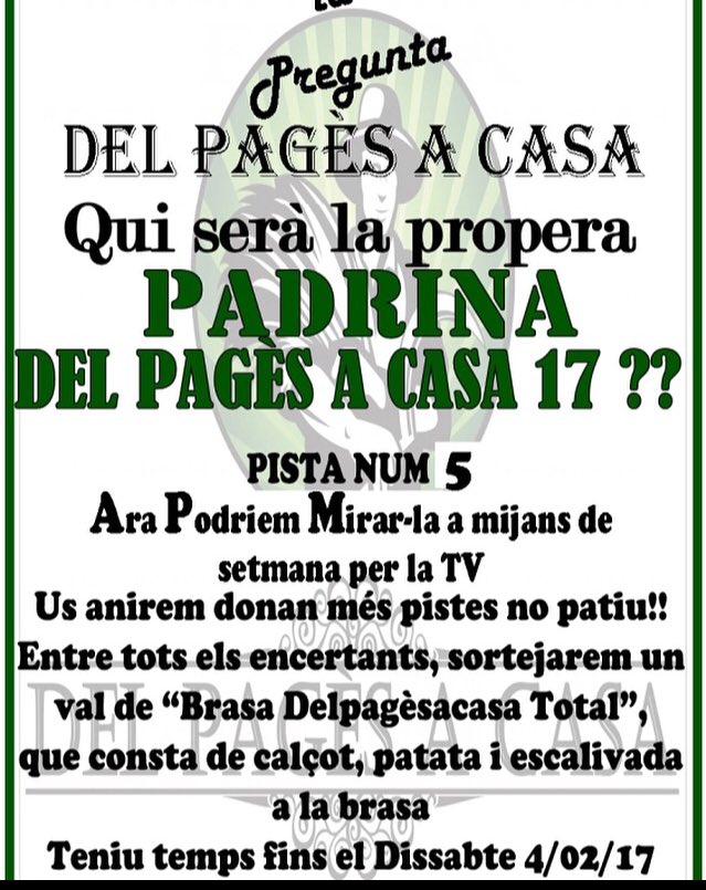 Delpagesacasa's tweet photo. l´última pistaaaaaaa!! vinga que aixó ja està cantat no?? qui serà la propera padrina DEL PAGÈS A CASA 2017?? 
 @AnnaBertran https://t.co/IL5RrzhTLe