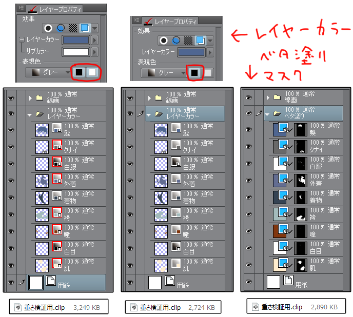 聖月 あとは色変更の仕方が違います 色設定 を使って色変更 される方はベタ塗りレイヤーでもレイヤーカラーでも問題ありませんが カラーサークル を使って色変更される方はベタ塗りレイヤーだと オブジェクトツールを選択する というひと手間が