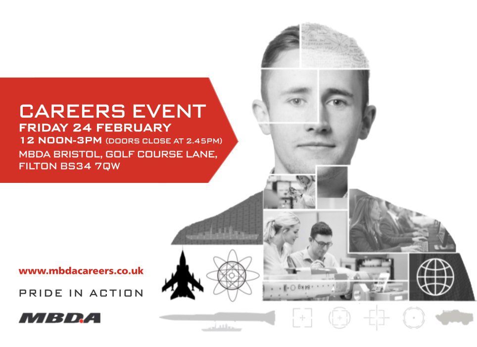 MBDA_UK's tweet photo. Interested in a career in a fascinating defence engineering environment? Come along to our Bristol careers event https://t.co/aF0etstZHh https://t.co/YUen3eH86K