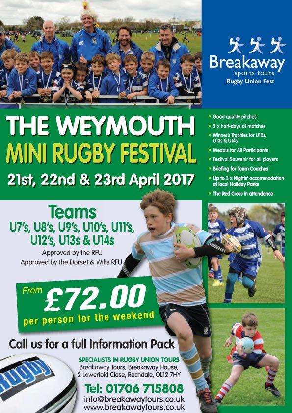 BreakawayTours1's tweet photo. NOT SORTED YOUR END OF SEASON RUGBY TOUR YET? 
Join us at WEYMOUTH RUGBY FESTIVAL 21-23RD APRIL - CALL 01706 715808 https://t.co/FRuNMKg8Fu