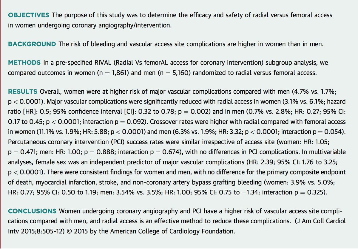 DrSheilaSahni's tweet photo. Risk of bleeding&vascular access site complications are higher in women than men. #RadialFirst #GoRed #GoRedialFirst https://t.co/9q8KyfM7vu https://t.co/N4359p1mXS