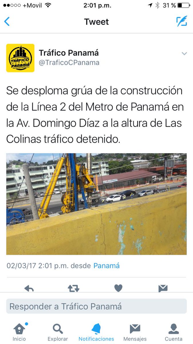 Traficologo1's tweet photo. Precaución, se desploma grúa en área de construcción de #LineaDos, cerca de Las Colinas en San Miguelito. @TraficoCPanama @elmetrodepanama https://t.co/9n3JYwMThw