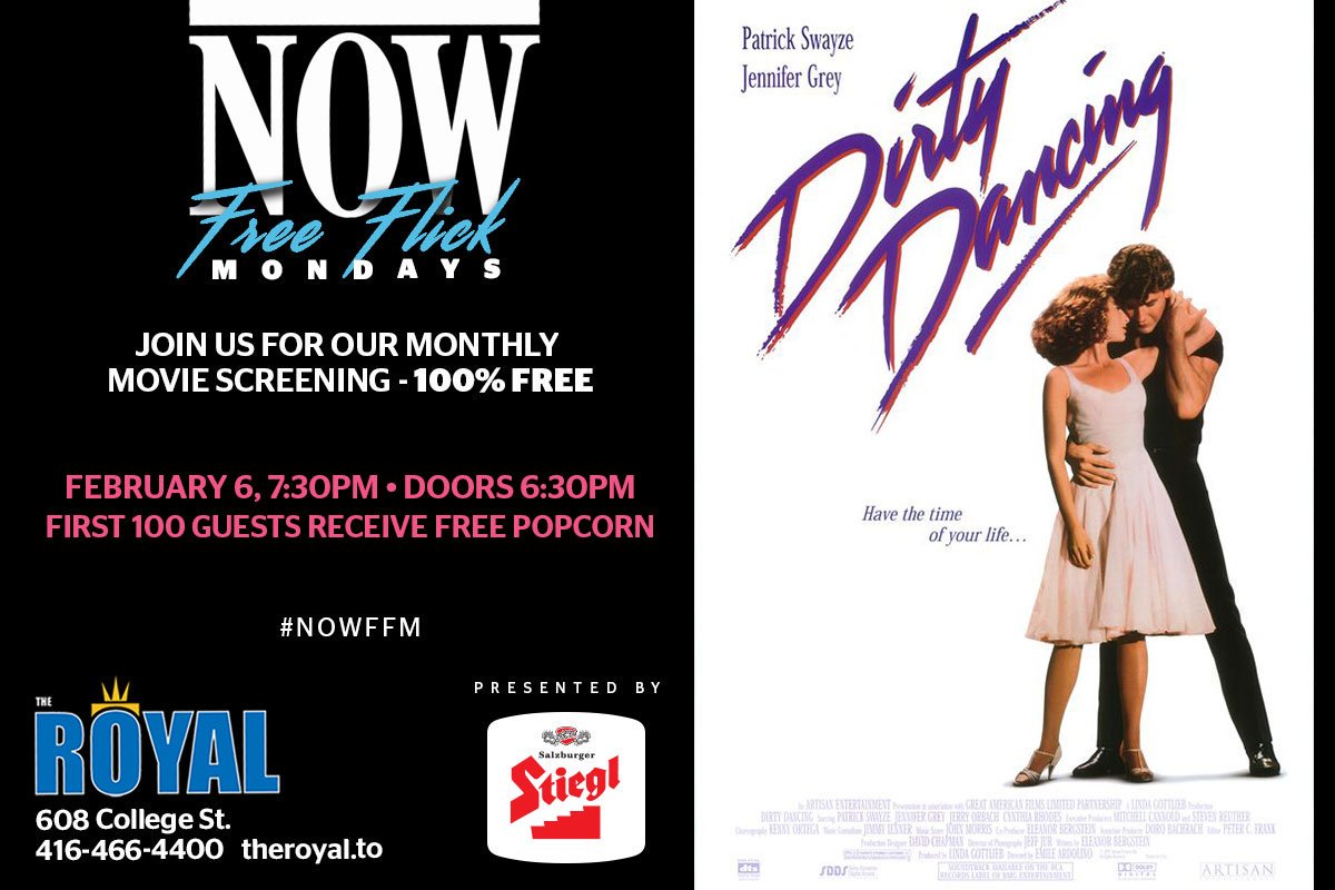 nowtorontopromo's tweet photo. Retweet & like to WIN a pair of VIP tickets to NOW Free Flicks Monday: Dirty Dancing. Feb 6 @TheRoyalCinema! #NOWFFM https://t.co/dRwdr868YC