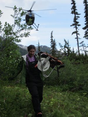 Woman carrying wire spook through thin forest, a helicopter overhead.