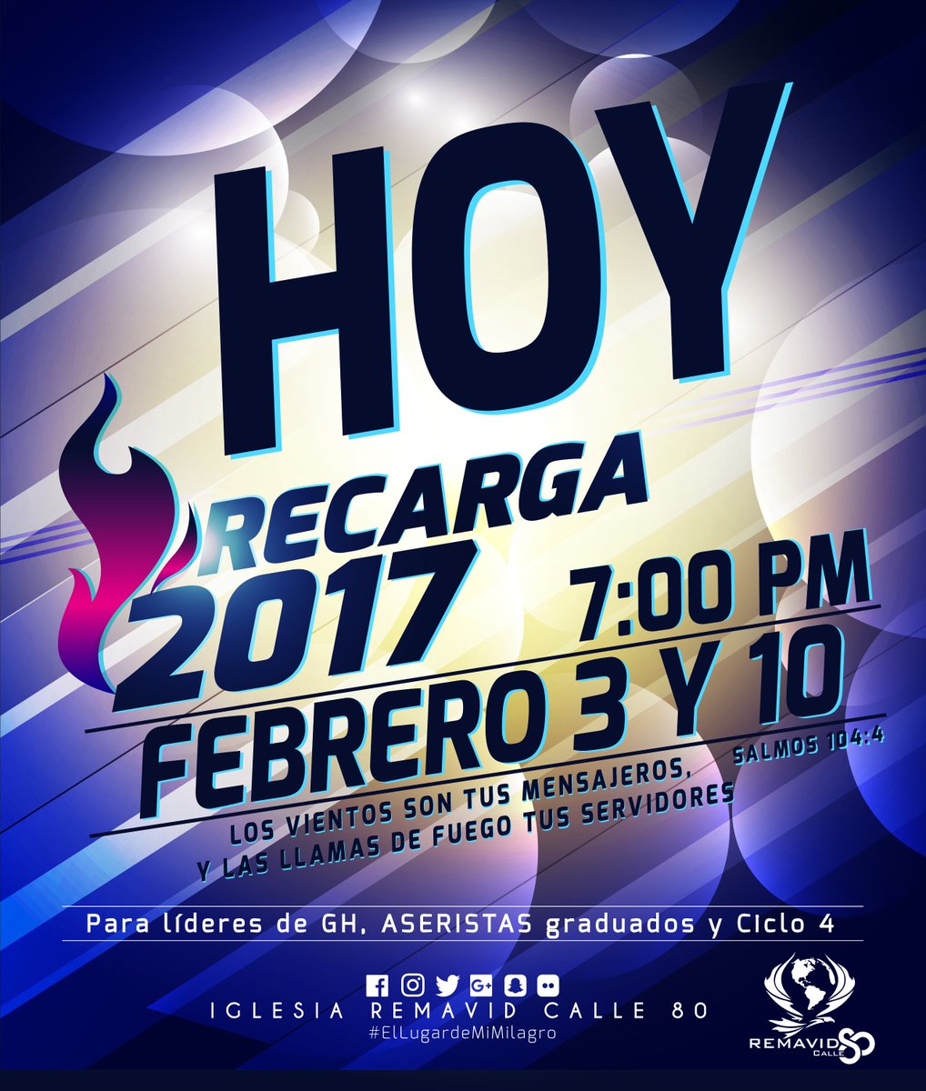 ProezasIglesia's tweet photo. ///HOY///
Desde las 7 PM damos inicio a nuestra #Recarga2017

#ElLugardeMiMilagro
#Recarga2017
#2017AñoDeMultiplicación https://t.co/VivgNdPMIy