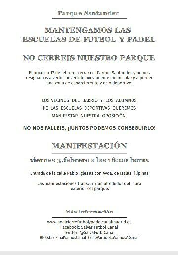 SalvaFutblCanal's tweet photo. Menos de 2 horas para la manifestación. TODOS A LA CALLE A APOYAR LA ESCUELA Y EL PARQUE. #HastaElFinalVamosCanal #EstePartidoLoVamosAGanar https://t.co/gTLVaPNd2V