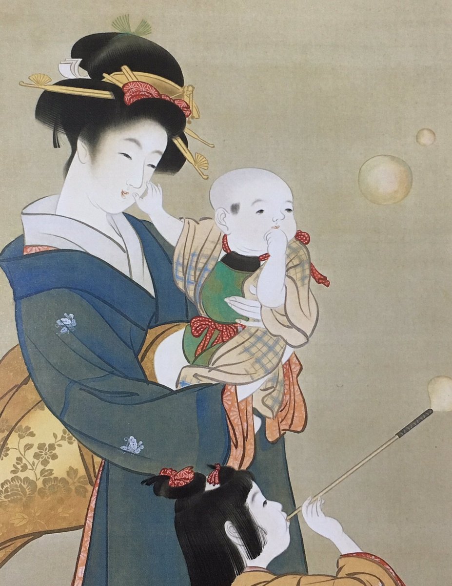 美品 掛け軸 上村松園筆「志ゃぼん玉」浮世絵 美人画 シャボン玉 名画 日常に垣間みる女性の姿や内面に渦巻く情念を描いて知られる上村松園