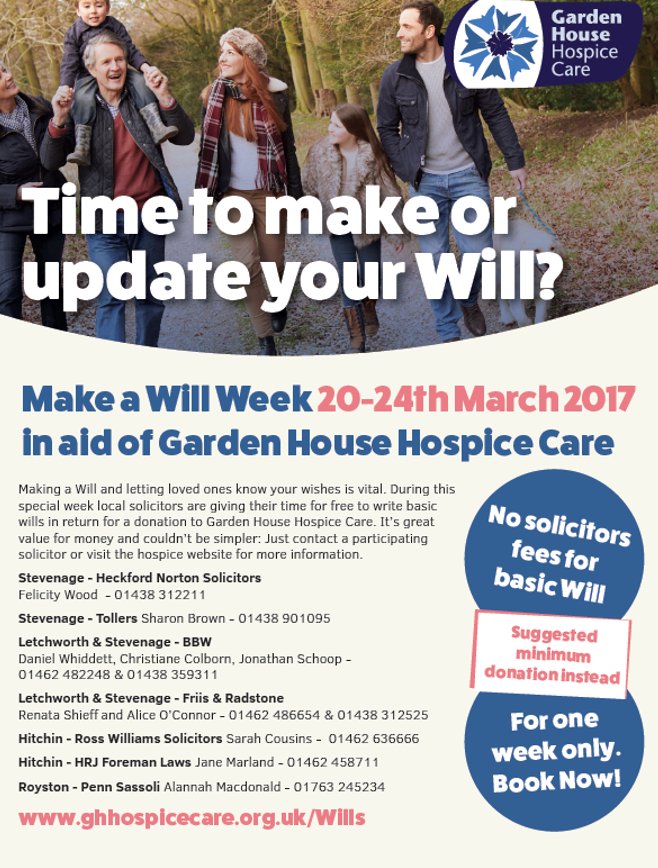 GHHospice's tweet photo. Ross Williams Solicitors &amp; HRJ Foreman Laws in #Hitchin are supporting @GHHospice Wills Week call to make an appointment @ghhc_corporate https://t.co/o5EzxvMuCY