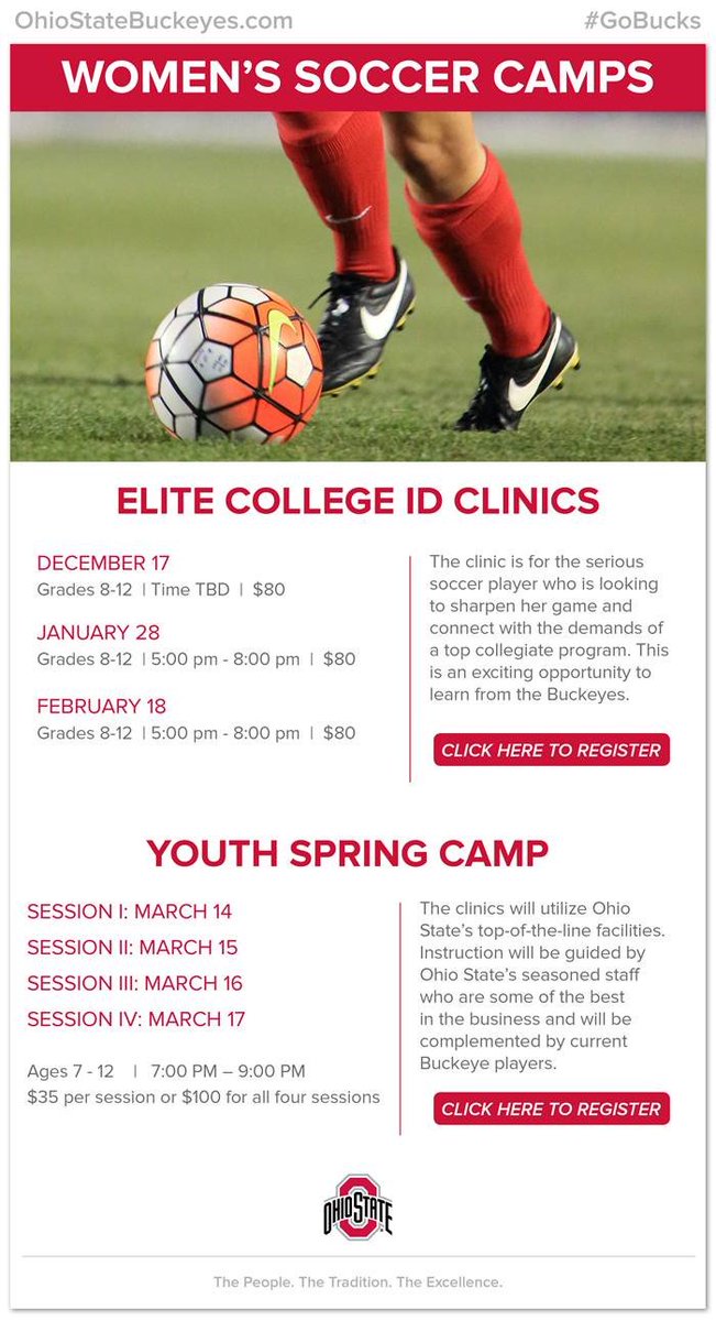 OhioStateWSOC's tweet photo. Our last Elite College ID clinic is set for Feb. 18 and spots are filling up quickly! Sign up now at https://t.co/lWe2UdSTwb! #GoBucks https://t.co/4HVjL0npFm