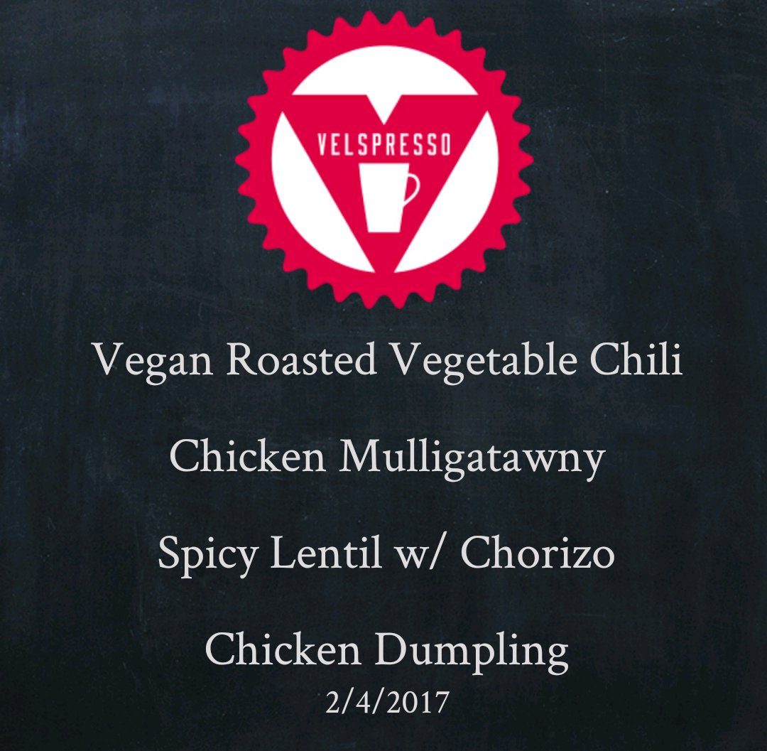 And...We're back #MKE - #TGIF! Need #lunch plans? Swing by #VelspressoCafeMKE for today's #soup menu + #grilledcheese + #StoneCreekCoffee!