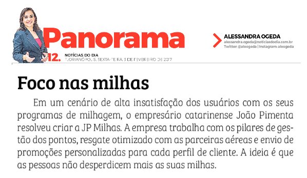 JP_milhas's tweet photo. A @JP_milhas é destaque na coluna Panorama,da jornalista Alessandra Ogeda na edição desta sexta-feira no @ND_Online https://t.co/4xnau8kT96