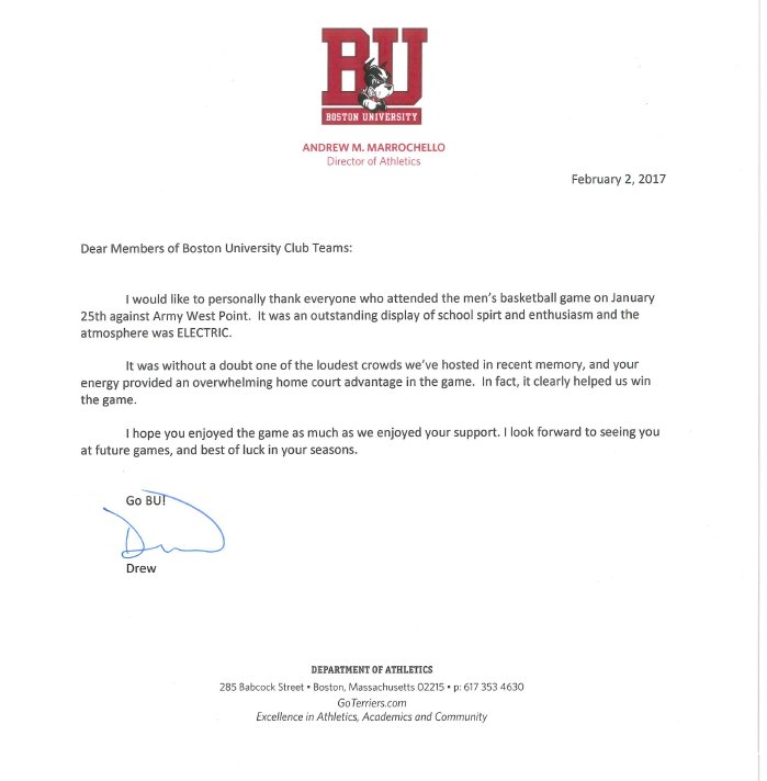 BU_ClubSports's tweet photo. BU Club Athletes,
@BUAthletics Athletic Director Drew Marrochello sent over a note regarding your performance on Spirit Night.
#OneBU https://t.co/0CWbzXBigz