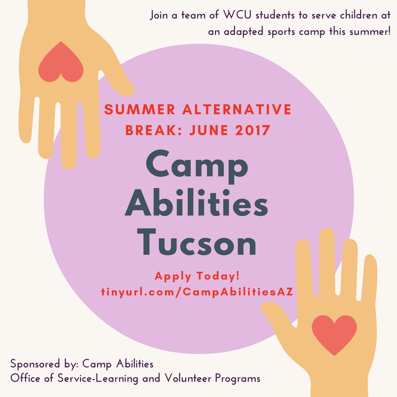 WCUPAVolunteer's tweet photo. Apply for our NEW Summer Alternative Break trip w/Camp Abilities Tucson #meaningfulservice #DubCserves Apply here: https://t.co/HMQVPGjmf9 https://t.co/3nLJDLOhMn