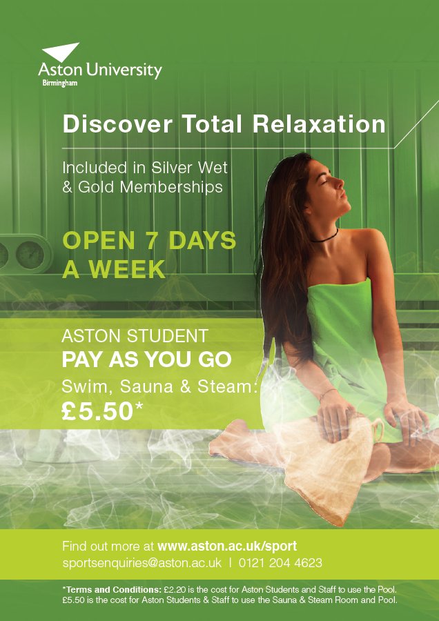 Sport_Aston's tweet photo. Relax and take a break with a Swim, Sauna & Steam pass from just £5.50 #getinvolved #astonstudents https://t.co/Ryn1v5bqMg