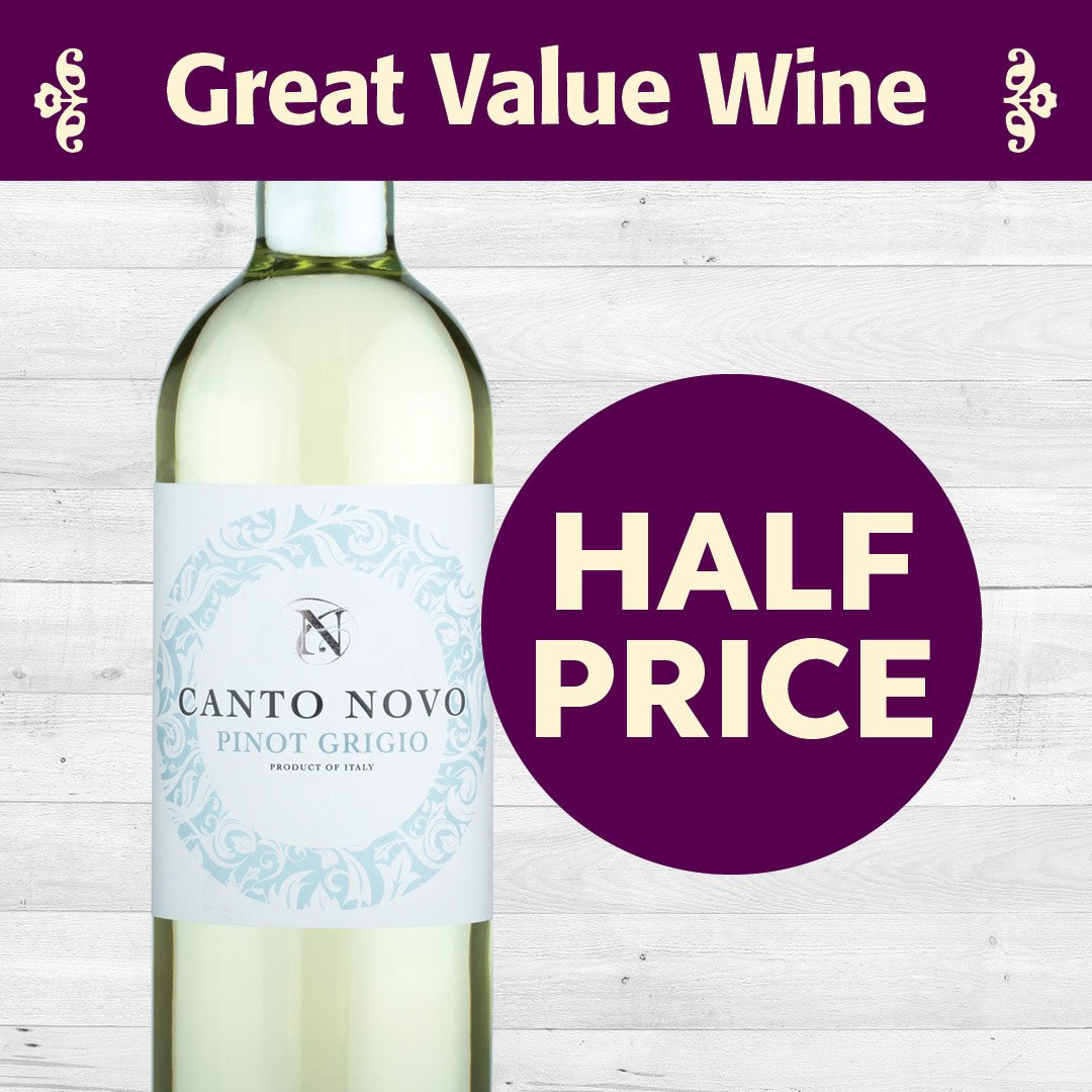 Half Price Wine- Canto Novo Pinot Grigio Now €7.99, 
Was €15.99, Save €8