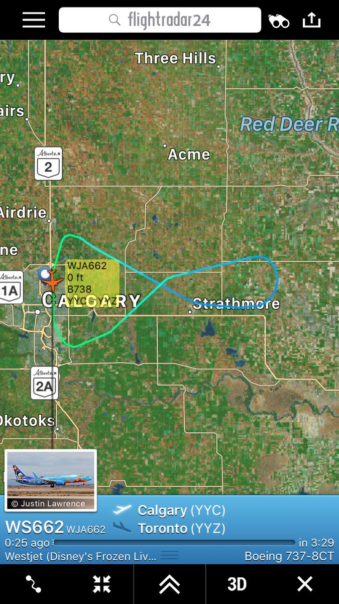 TomPodolec's tweet photo. .@Westjet #WS662 to #Toronto returned to Calgary with reported 'smoke in the cabin'. Same aircraft returned yesterday for smoke. https://t.co/dopqdFqypH