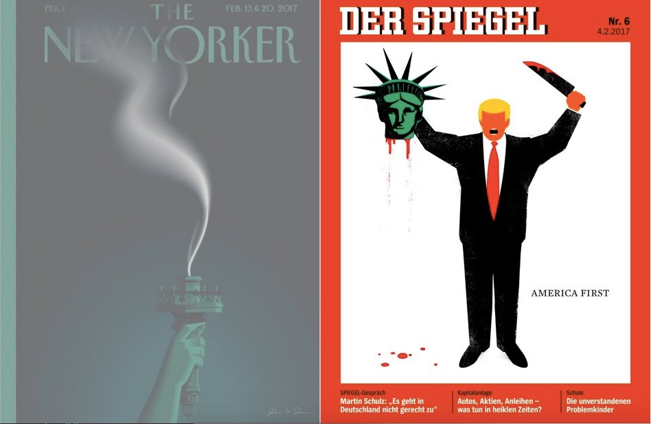 fakedansavage's tweet image. The New Yorker, all somber. Der Spiegel, not fucking around (and nailing it).