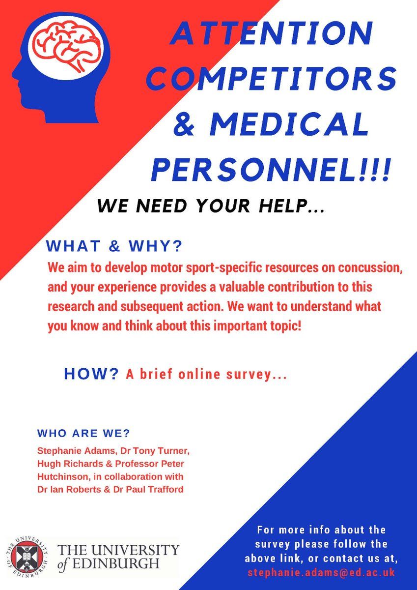 Calling all competitors &amp; motor sport medical personnel! Please help <a href="/EdinburghUni/">The University of Edinburgh</a> with their concussion survey: buff.ly/2jbZgFY