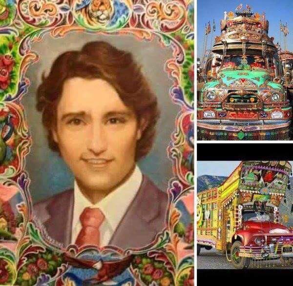 Razarumi's tweet photo. Canada's PM @JustinTrudeau has fans in #Pakistan - here's a truck #art practitioner expressing his admiration. #TruckArt v @SohaibAwanPK 😂 https://t.co/RbjLRjHIXg