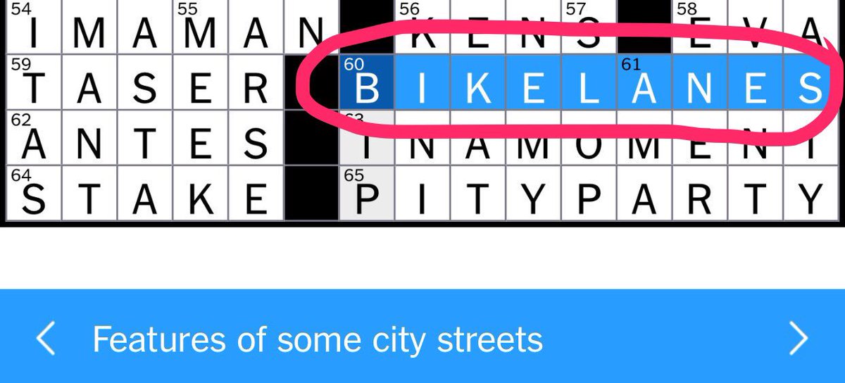 JSadikKhan's tweet photo. You know that BIKE LANES are part of the cultural lexicon when they're just another nine-letter answer in the NY Times crossword! https://t.co/F0YWZQSMm7