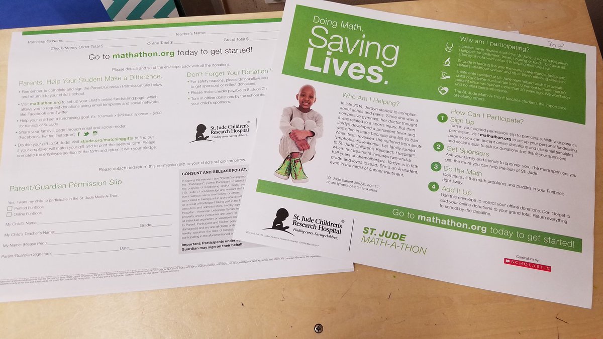 St. Jude's Math-a-Thon forms went home this week. Help raise $ for kids w/ cancer. Take the 1st step by signing the permission slip by Mon!