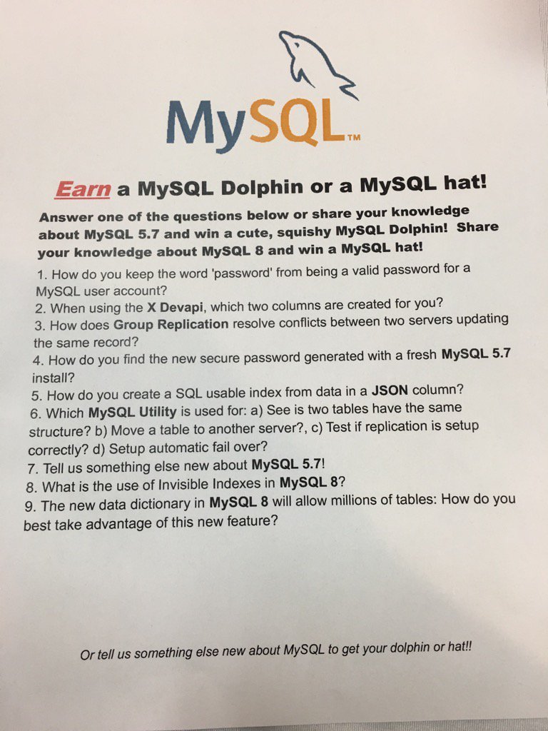 stoker's tweet image. #SunPHP17 Want a #MySQL squishy dolphin or hat? Answer some of these questions and win!