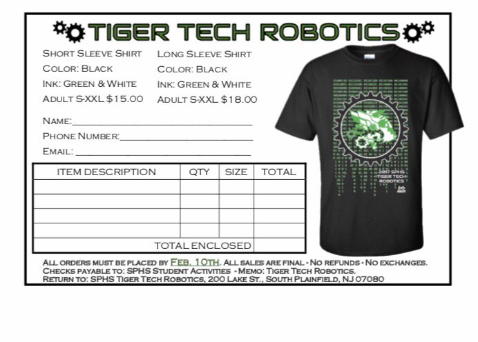 SPHS_tigertech's tweet photo. ORDER AN EXCLUSIVE TIGER TECH ROBOTICS PROMO T-SHIRT!! Send all order forms to ltenenbaum@spboe.org https://t.co/qKtcJXr5B8