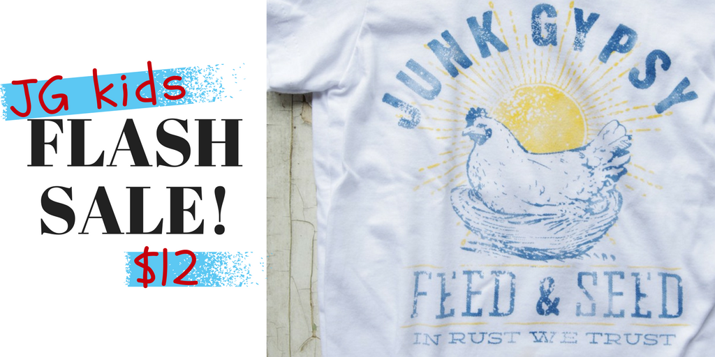 junkgypsy's tweet photo. ⚡️ FLASH SALE! ⚡️the perfect little tee 🐥 for your little chicks 🐣 #JGkids feed & seed tee $12!! 💖💙 in #rustwetrust #flashsale https://t.co/pfGxTVZkbk